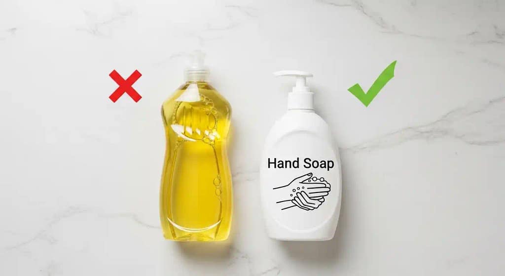 Green and red icons showing when to use dish or hand soap