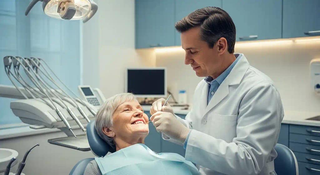 Dentist adjusting dentures to correct monkey mouth appearance
