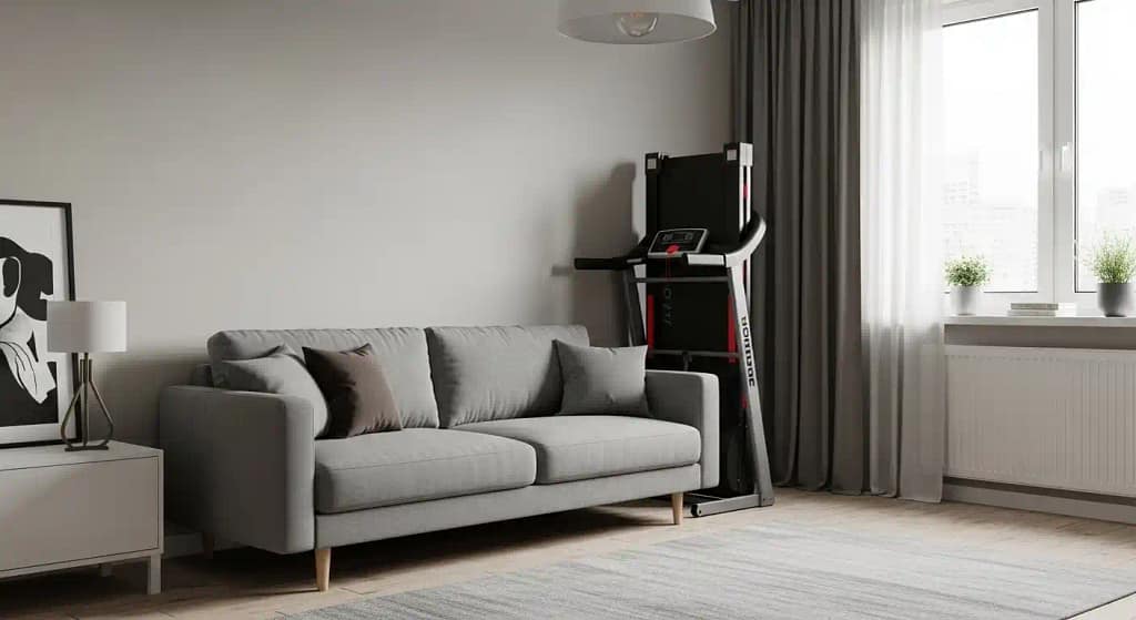 Foldable treadmill neatly stored behind sofa in small apartment