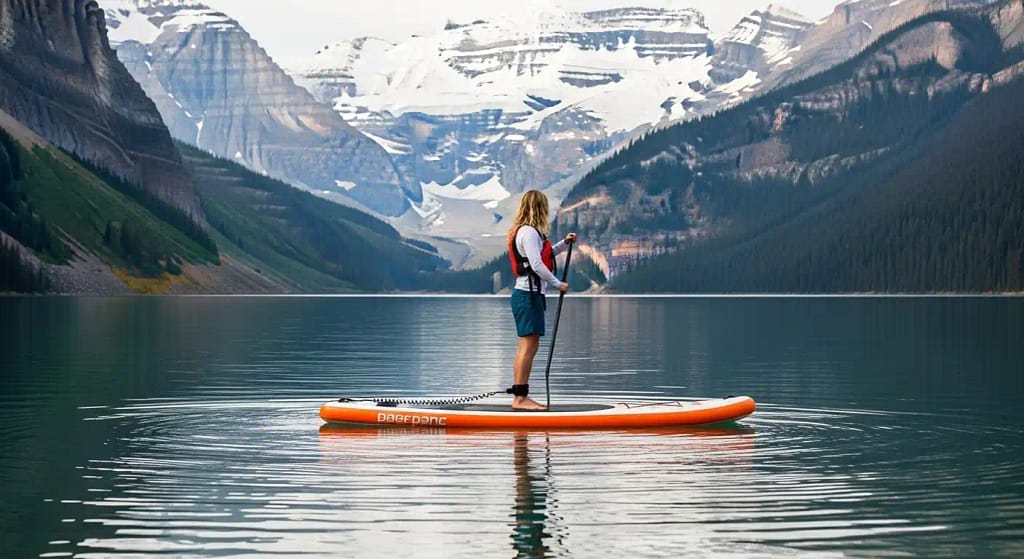 Person paddleboarding on an inflatable board in a peaceful mountain lake