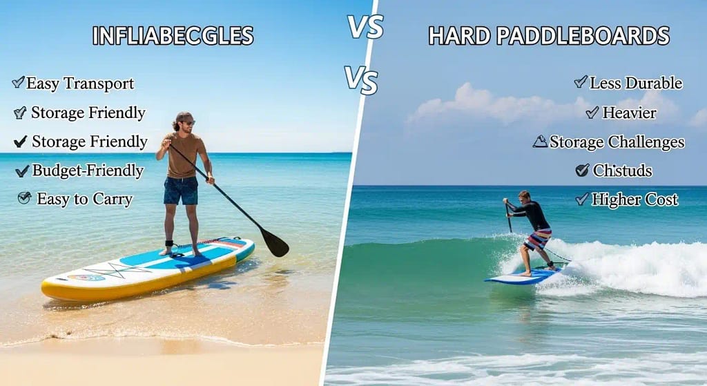 Visual comparison of inflatable and hard paddle boards highlighting portability, performance and cost.
