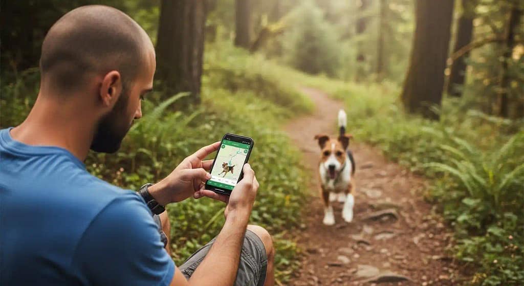 Dog being tracked live using GPS on smartphone outdoors