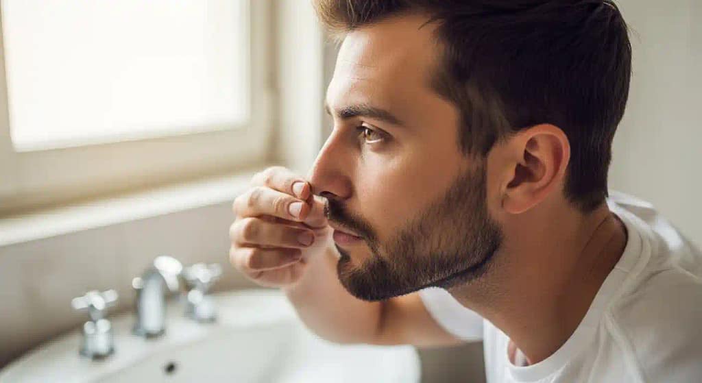 Man checking nose hair in bathroom mirror