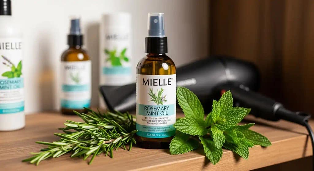 Mielle Rosemary Mint Oil bottle surrounded by rosemary and mint leaves