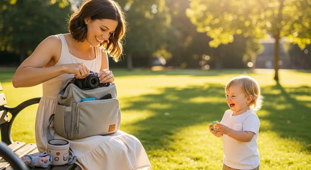 Mother placing compact mirrorless camera into a bag at the park with her toddler