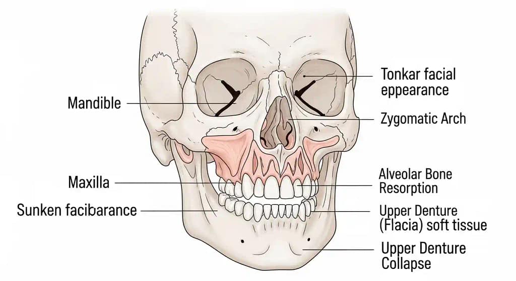 Diagram showing how denture collapse affects upper jaw and lips