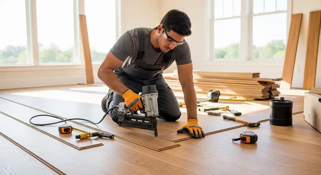 Man using a nail gun for wood floor installation in a modern home