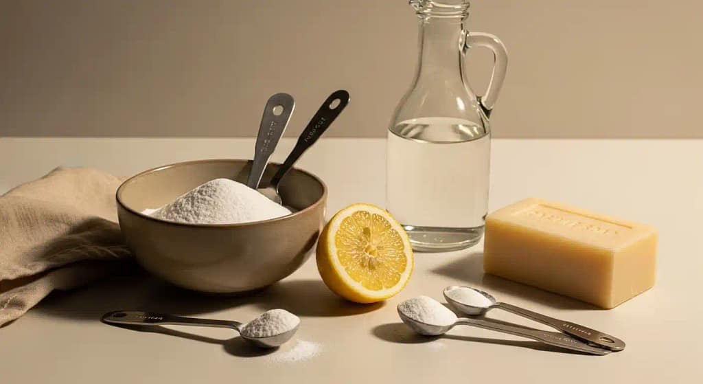 Homemade dish soap alternatives including lemon vinegar and baking soda