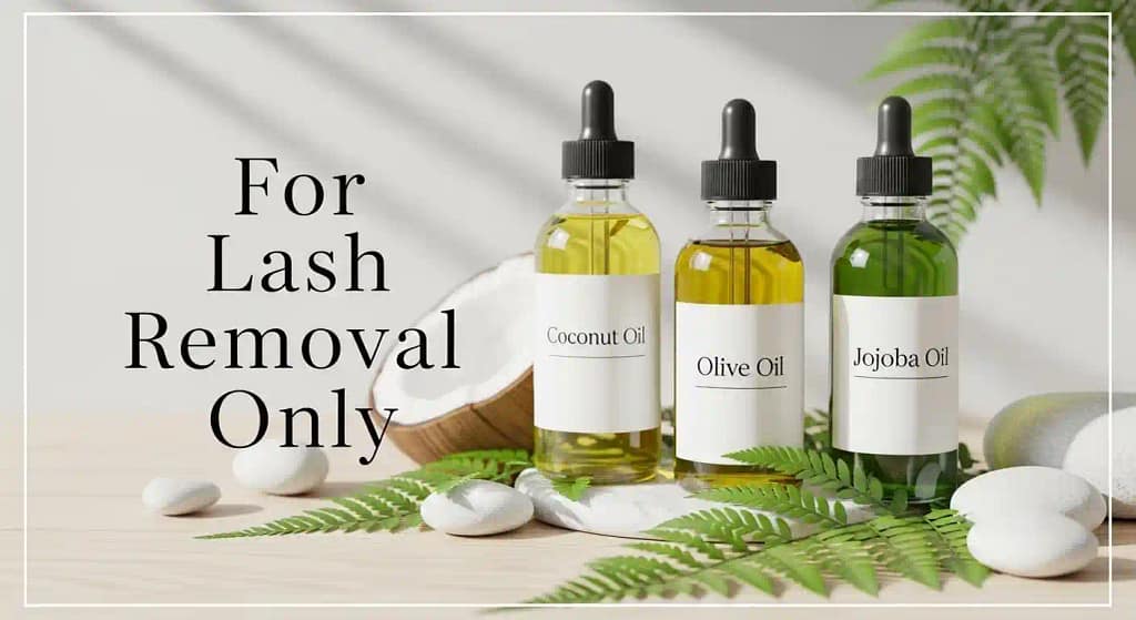 Coconut, jojoba, and olive oil bottles used for removing eyelash extensions