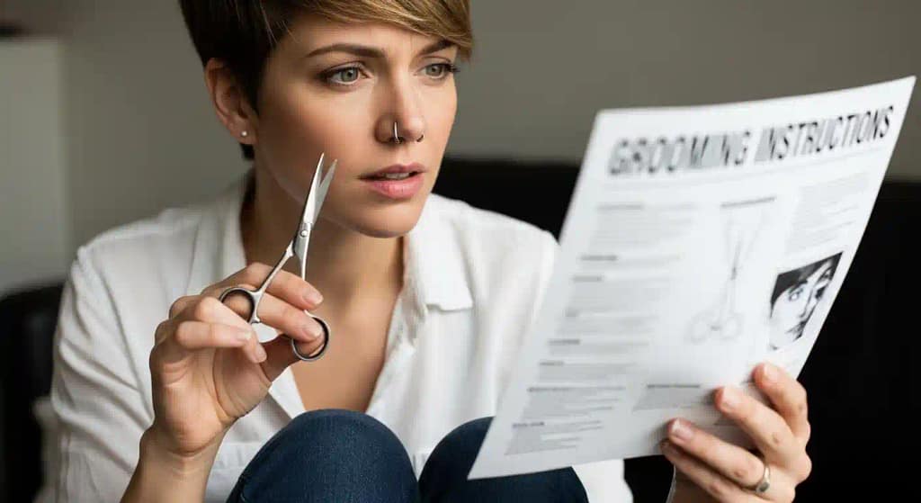 Woman holding scissors and reading instructions