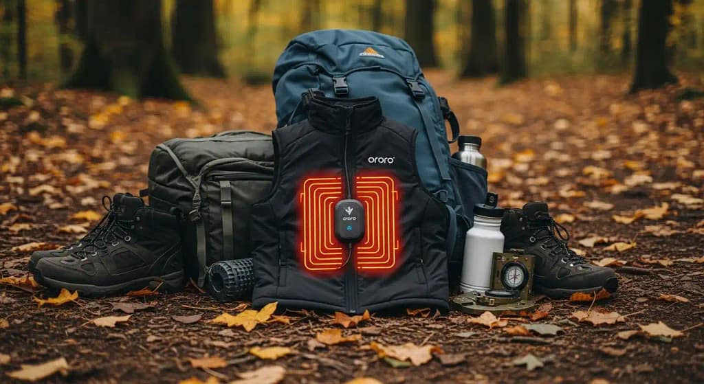 ORORO camo heated vest laid out with hunting gear