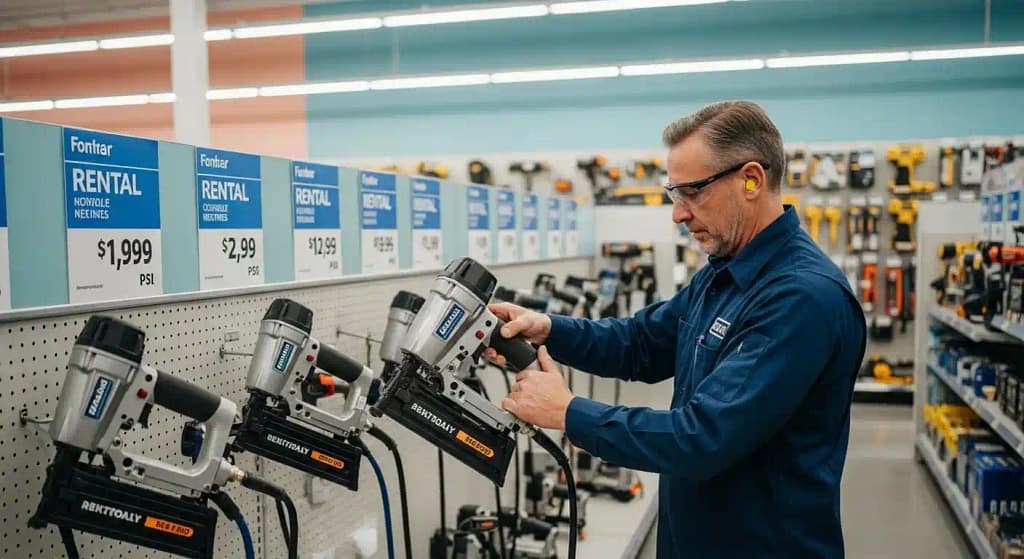 Wood floor nail gun rental options available at a local hardware store