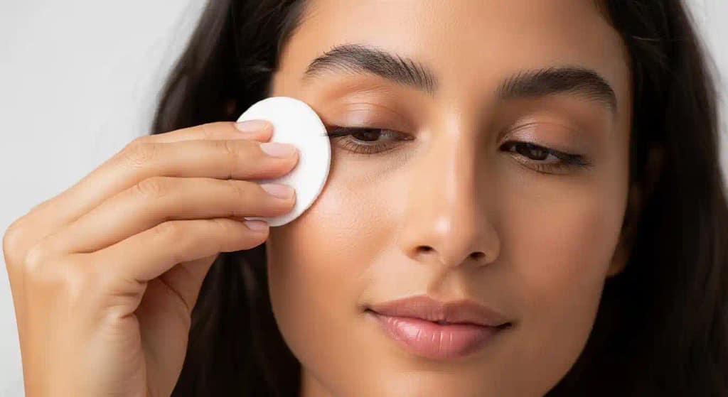 Woman gently cleaning lash extensions with micellar water