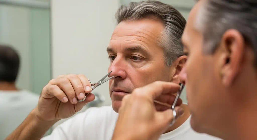 Person removing nose-hair safely with scissors