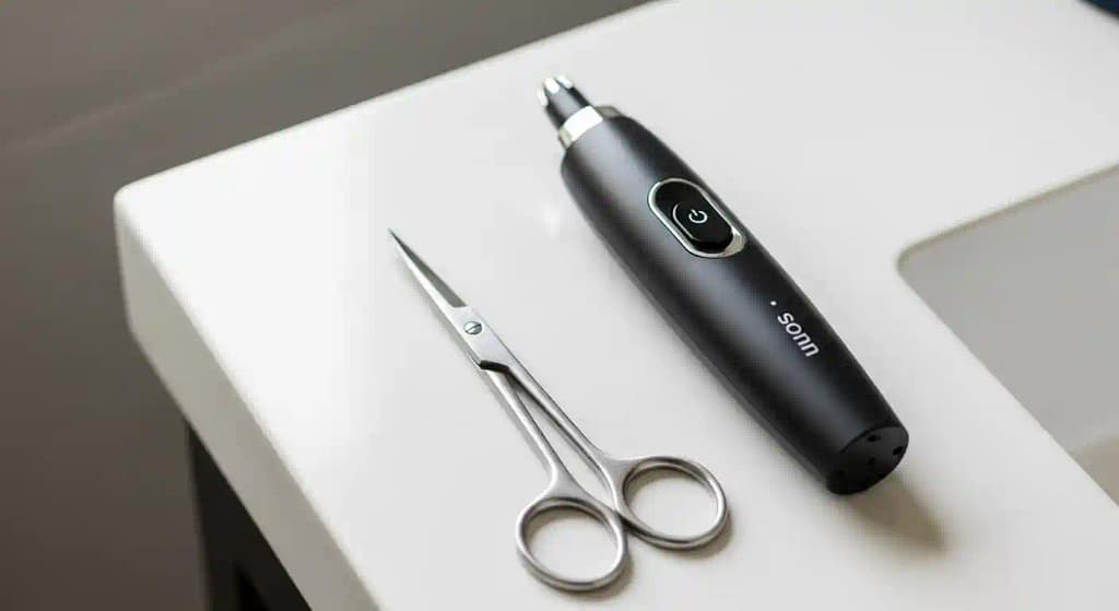 Nose hair scissors next to an electric trimmer for comparison