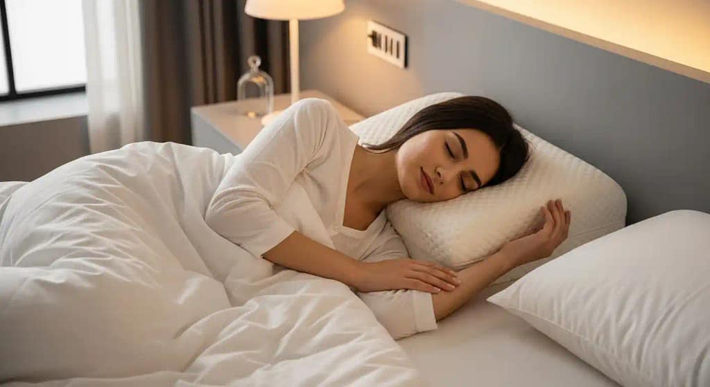 Woman sleeping on her side with a supportive memory foam pillow for neck and spine alignment