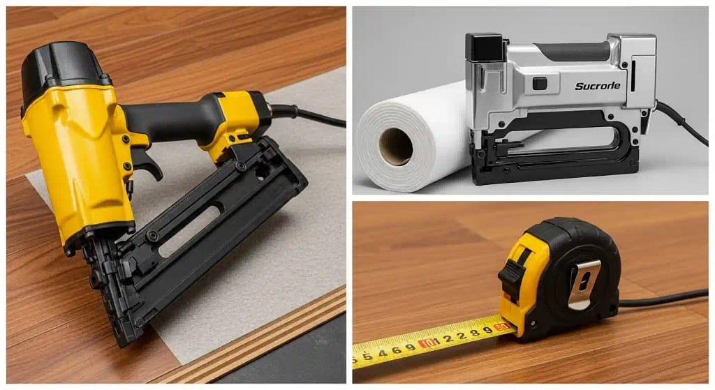 Nail gun, stapler, and tools needed for installing hardwood flooring