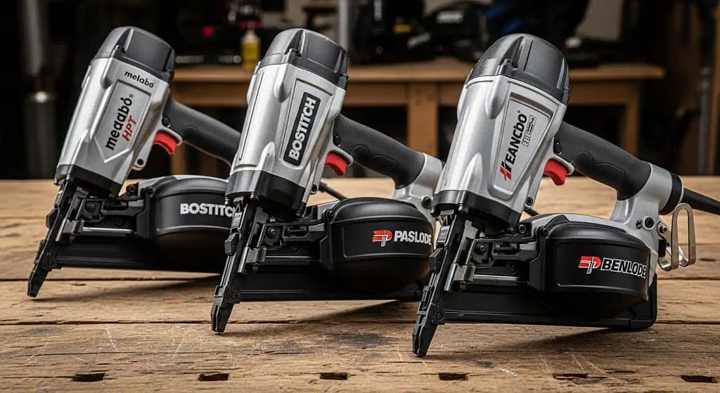 Popular nail guns for hardwood floor installation including Metabo HPT and Paslode