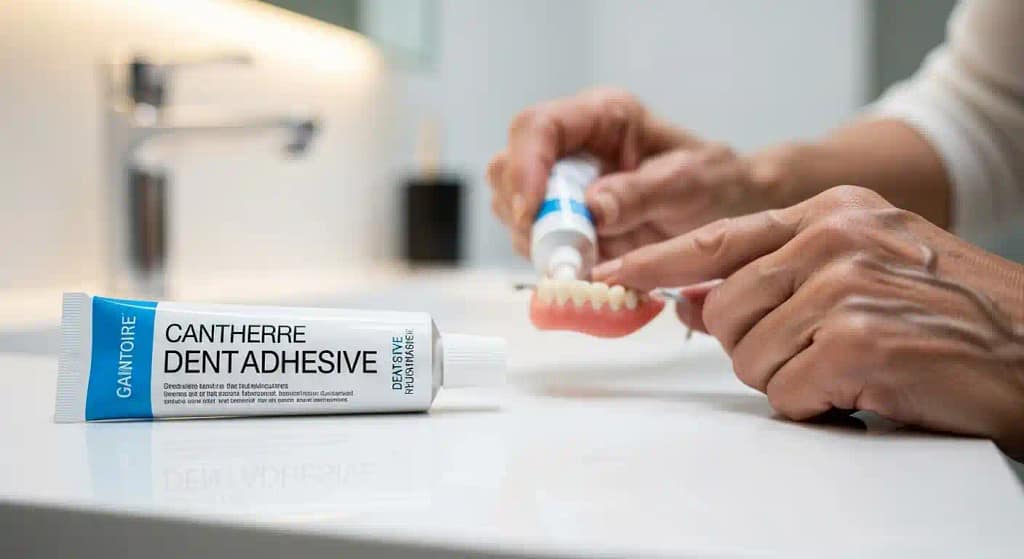 Denture adhesive being applied to prevent lip collapse and monkey mouth