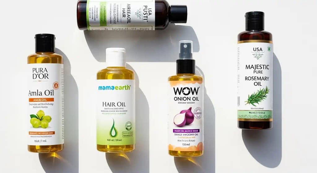 Flat lay of branded hair oil bottles: PURA D'OR, Mamaearth, Wow, Majestic Pure