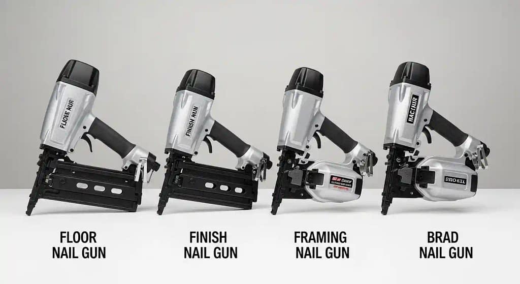 Comparison of floor nail gun, finish nail gun, brad nail gun, and framing nail gun