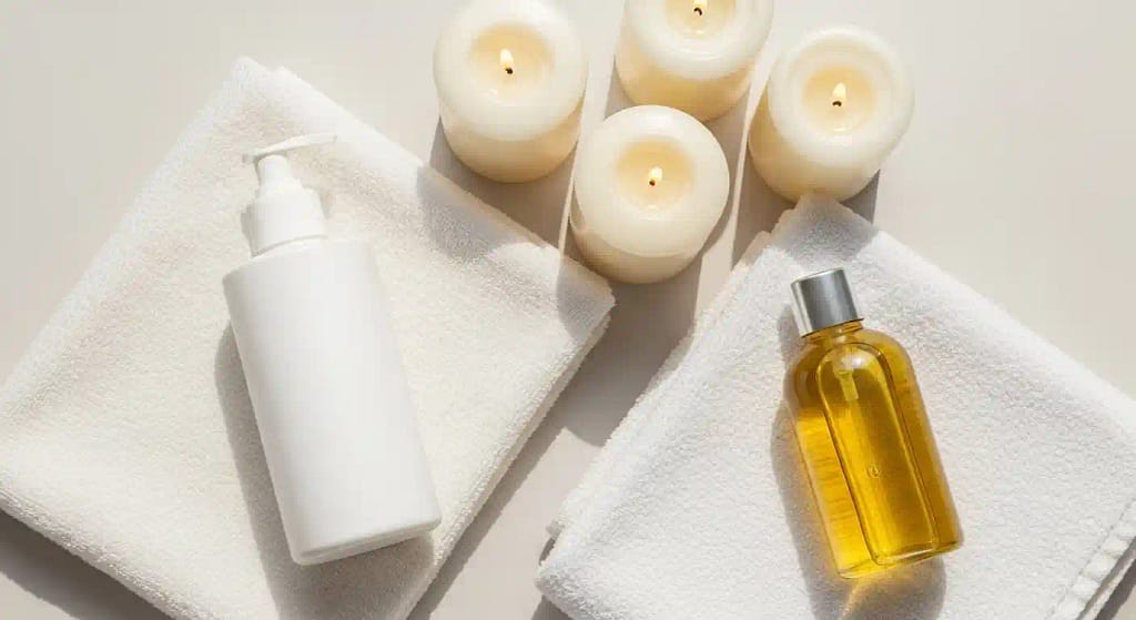 Body oil in a glass bottle on bathroom shelf