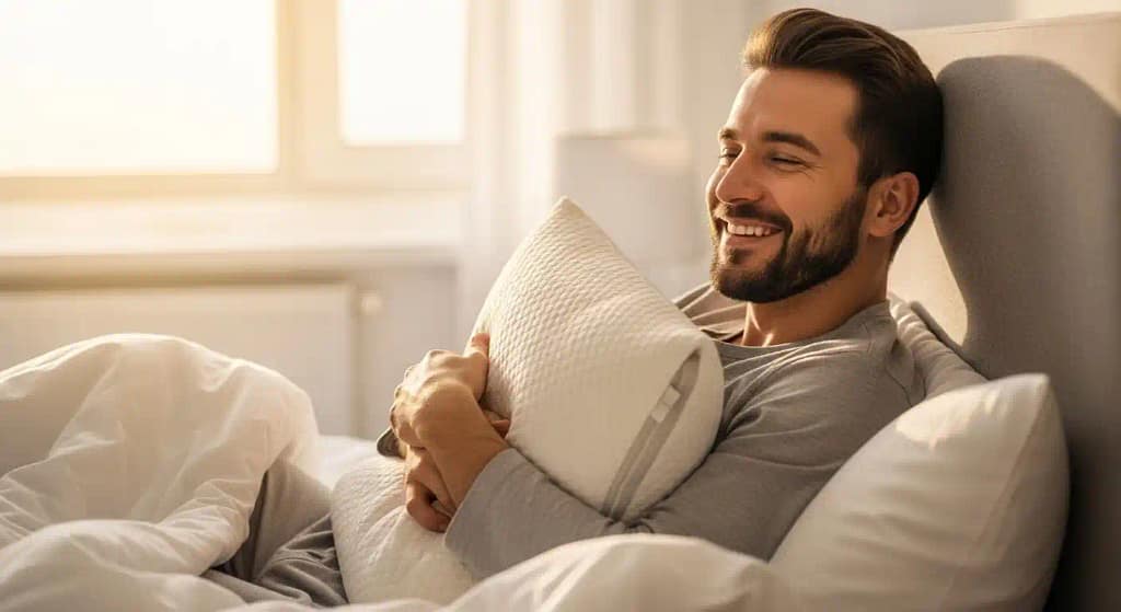 Smiling man waking up refreshed in bed, holding his memory foam pillow, soft morning light