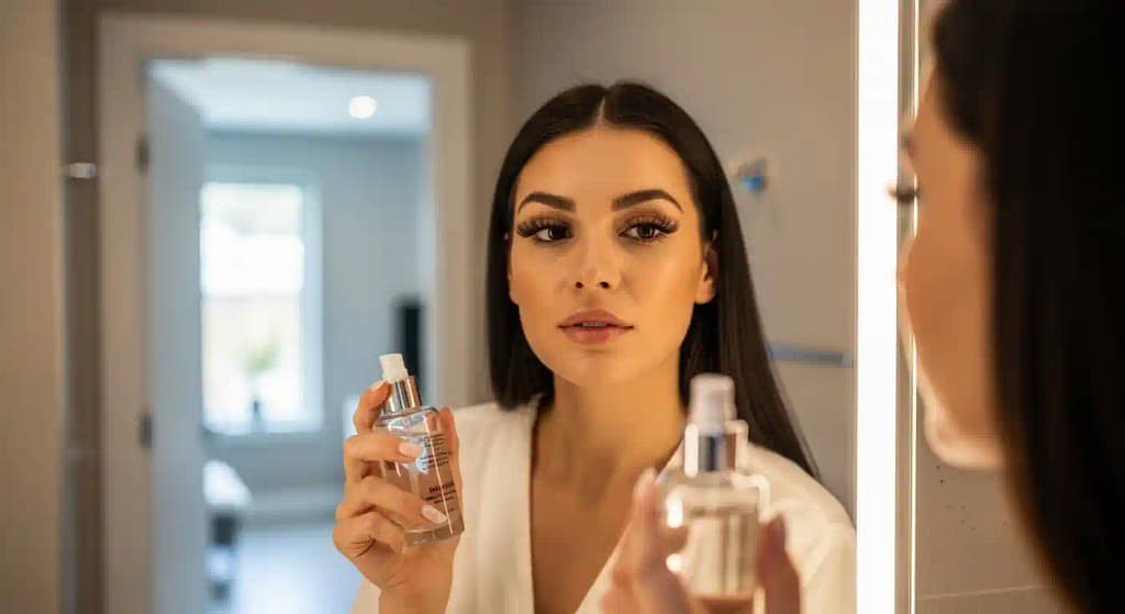 A woman using makeup remover carefully with lash extensions