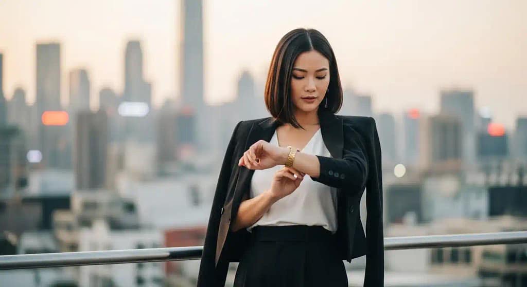 Stylish woman wearing the best wrist watch for women in 2025