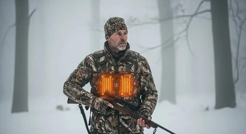 Heated hunting vest worn in snowy forest