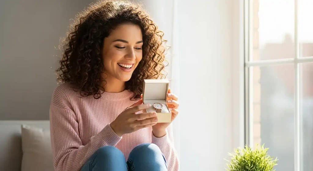 Happy woman receiving a wristwatch gift – perfect timepiece for her