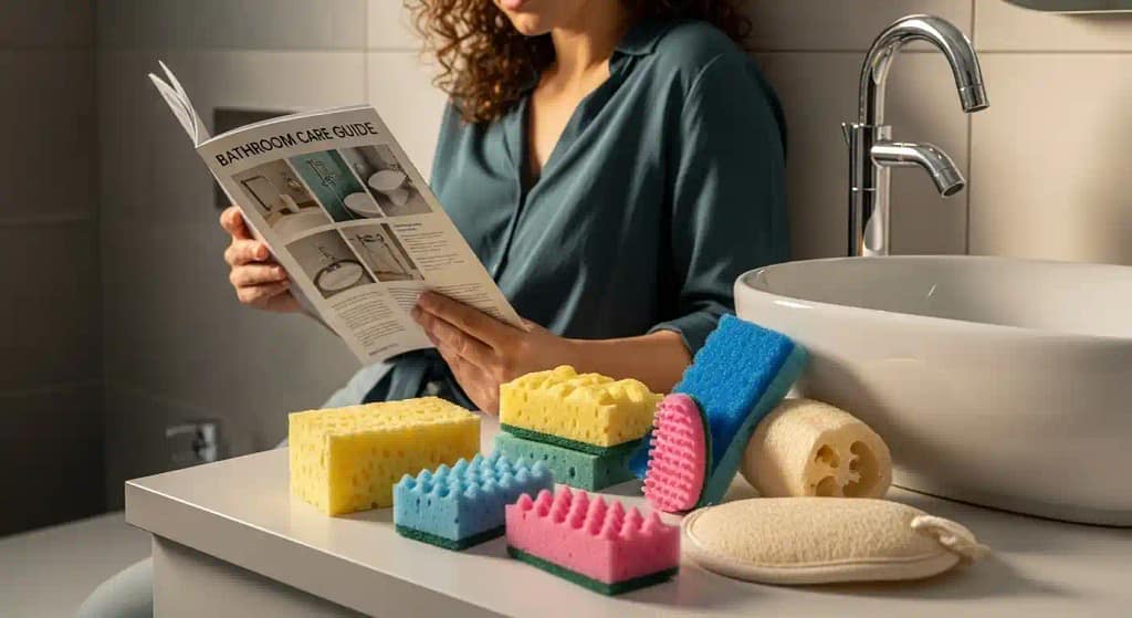 Woman researching different types of body sponges and their uses
