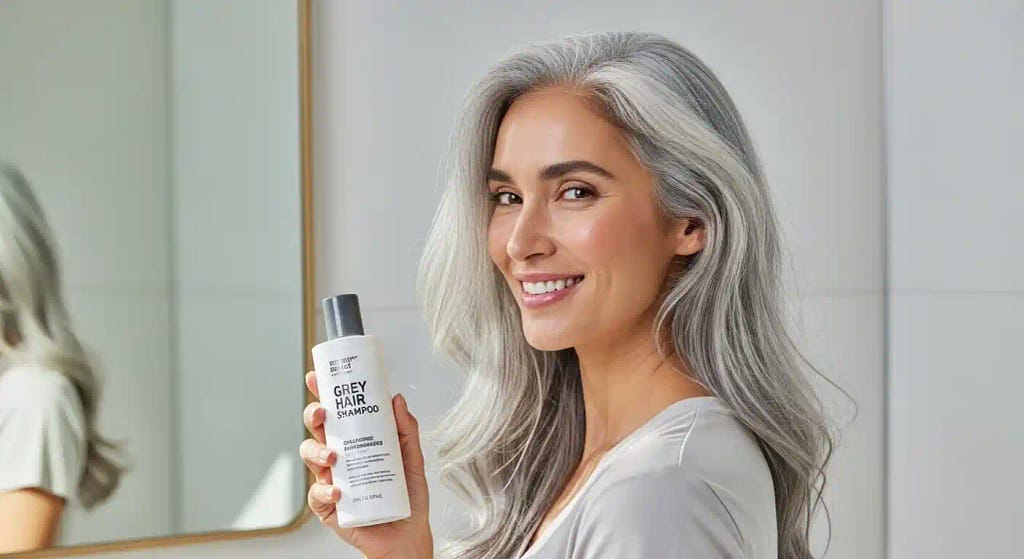 Older woman with silver-gray hair holding a best shampoo for gray hair bottle