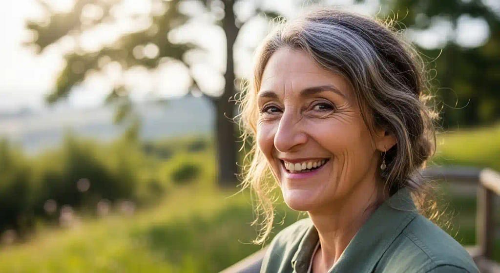 Women 57 Piggy Nose and smiling outdoors