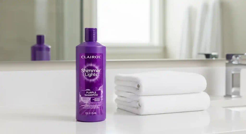 Affordable Clairol shampoo is place in bathroom with two white towels