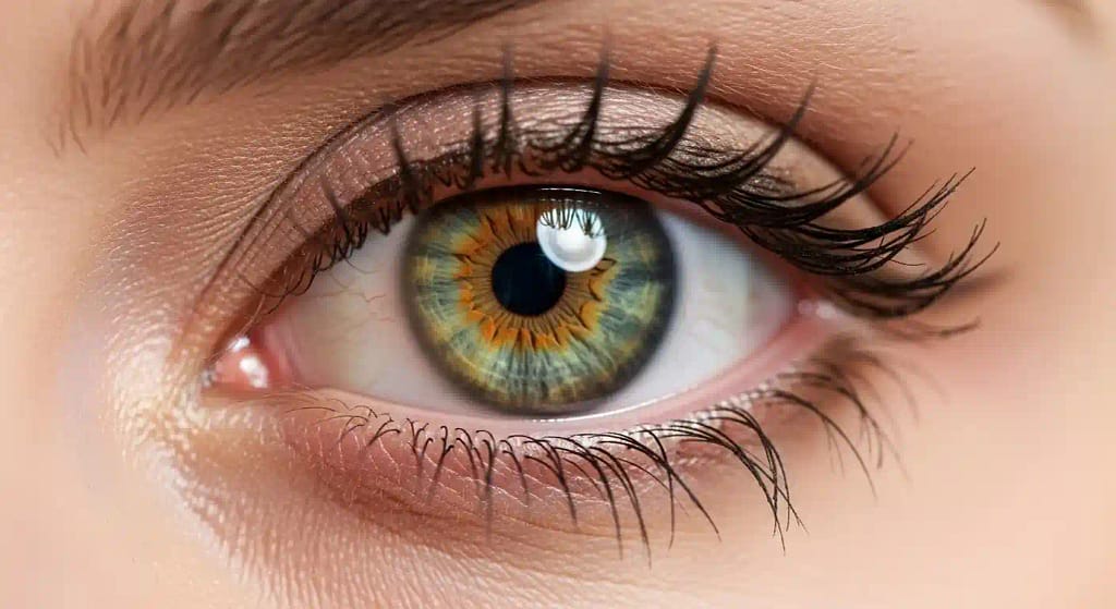 Hazel eyes with green, brown, and gold tones in soft light