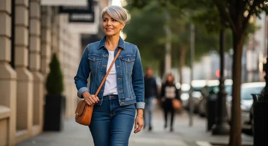 Confident woman at 57 with short gray hair and hazel eyes walking outdoors