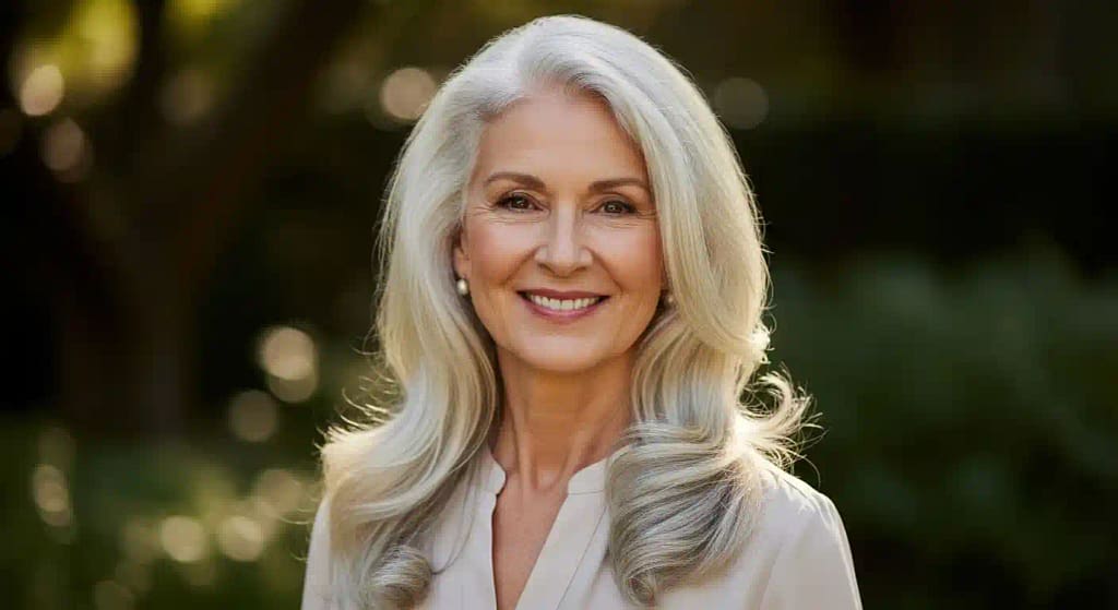 Mature woman with healthy, shiny gray hair smiling confidently in natural light