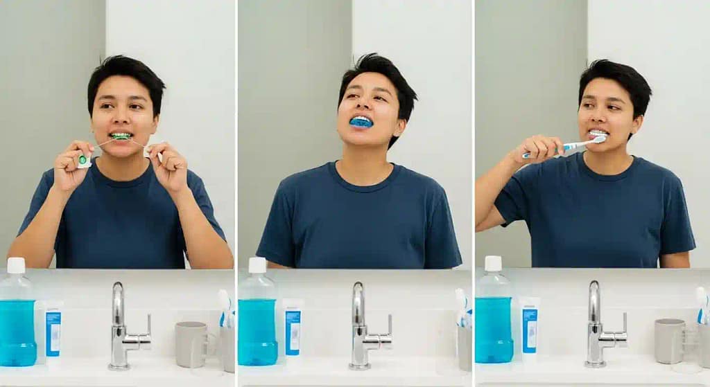 Person brushing teeth with a soft-bristled toothbrush while flossing is shown in the background