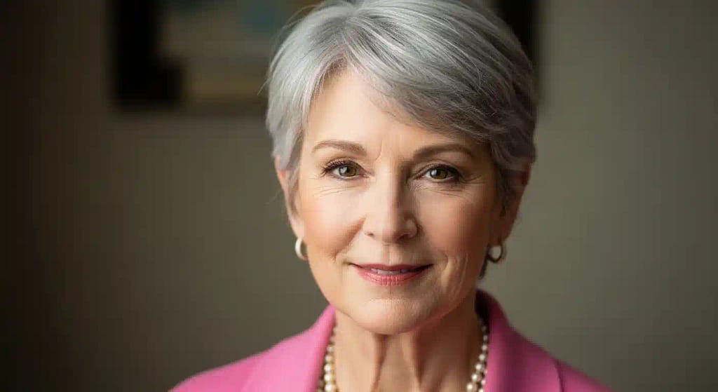 Women 57 short gray hair piggy nose hazle eyes smiling confidently