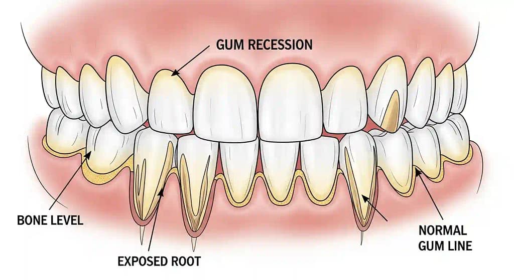 What Is Gum Recession - Dental illustration of gum recession showing exposed tooth roots and receding gums