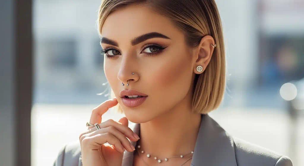 Woman with high nostril on short nose piercing pain scale 1-10