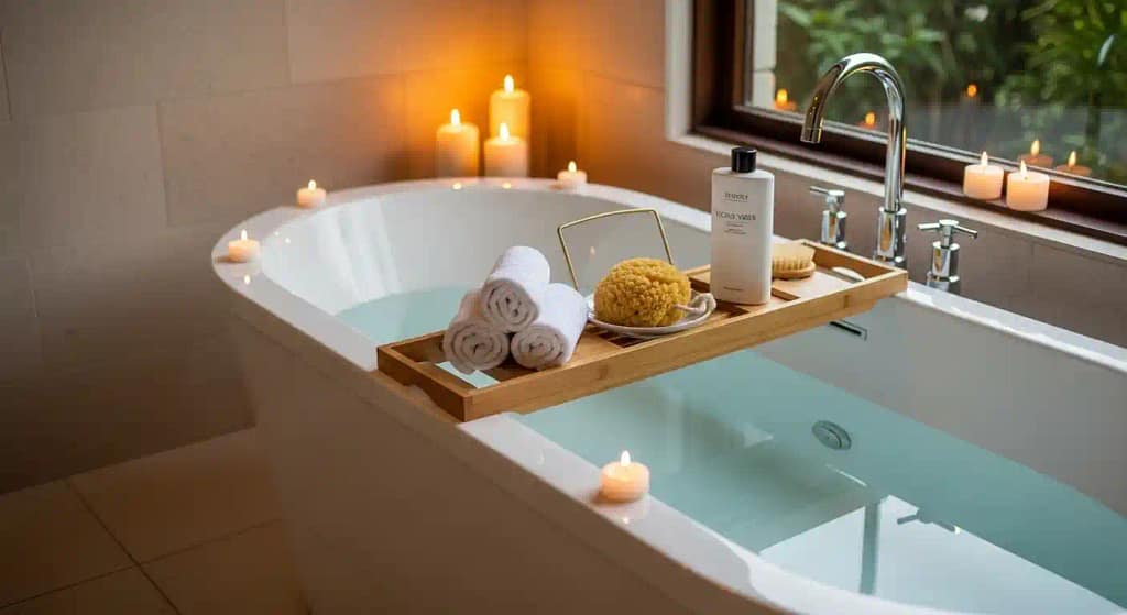 Relaxing spa setup with sponge and body wash
