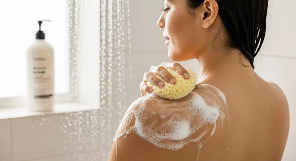 Person washing body with a sponge and body wash in a clean bathroom