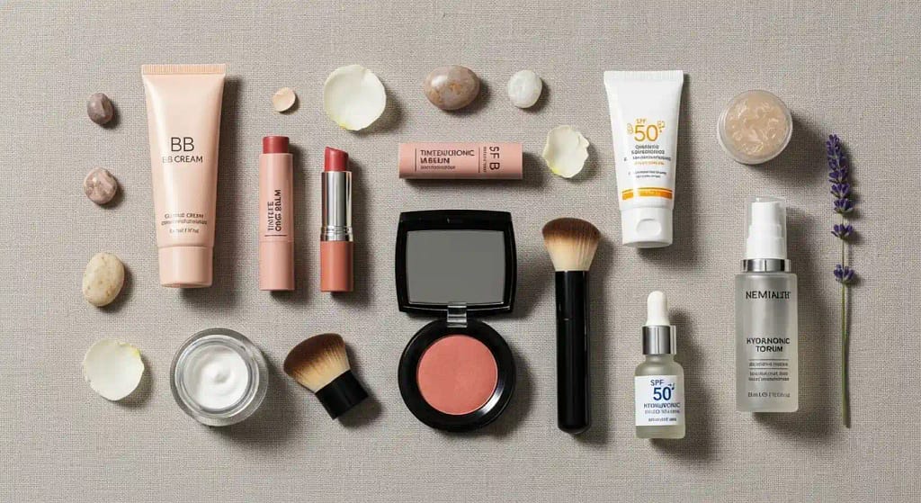 Skincare and makeup essentials for women over 50 with gray hair