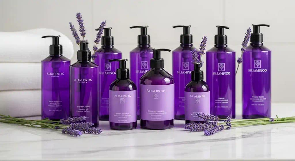 Collection of purple shampoo bottles designed for hair care