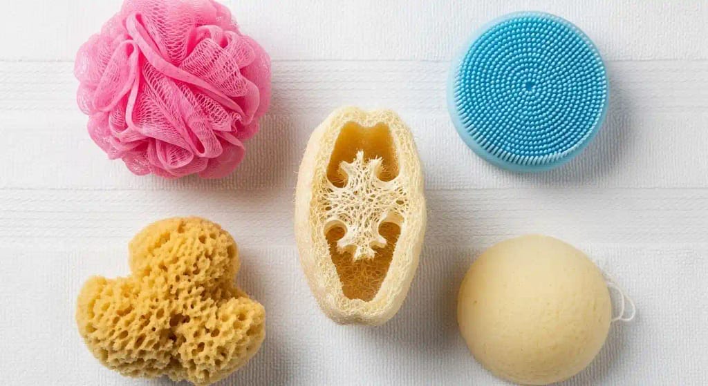 Loofah, mesh pouf, silicone scrubber, sea sponge, and konjac sponge on a towel