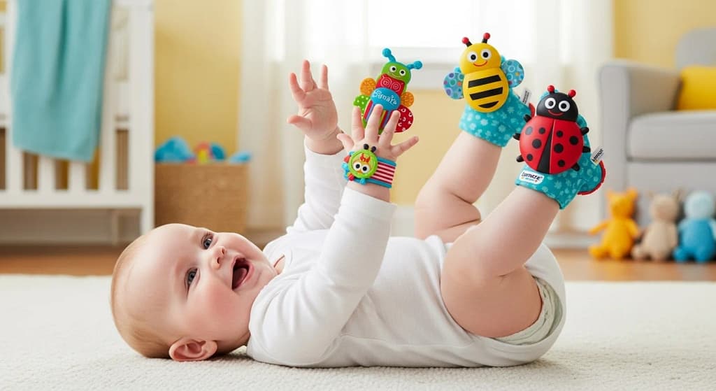 Infant developing motor skills with Lamaze Gardenbug Foot Finder and Wrist Rattle Set