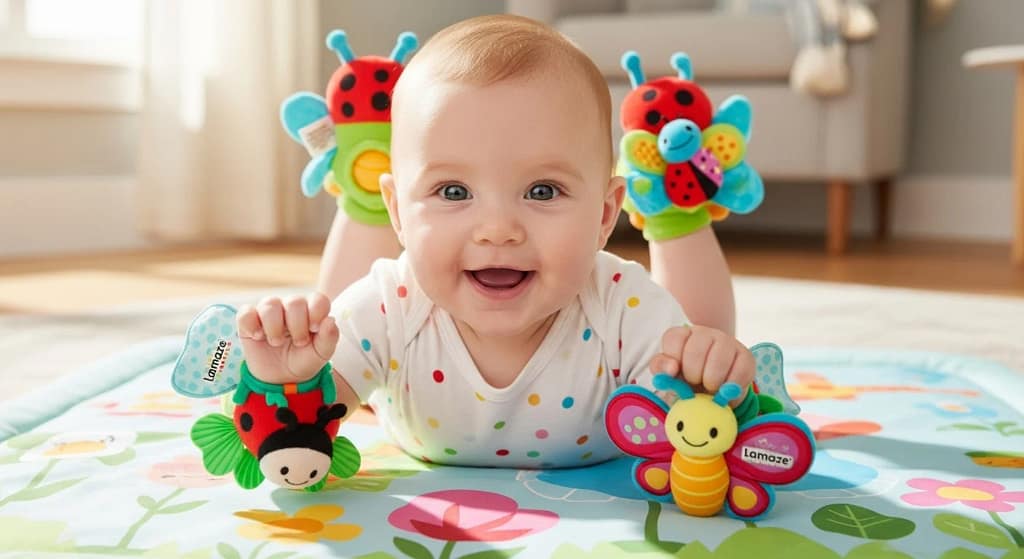 Infant wearing Lamaze Gardenbug Foot Finder & Wrist Rattle Set during playtime.
