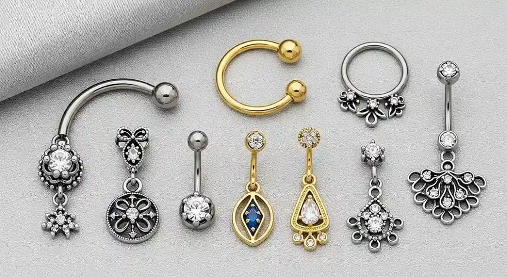 Titanium, surgical steel, and gold jewelry for belly button piercings
